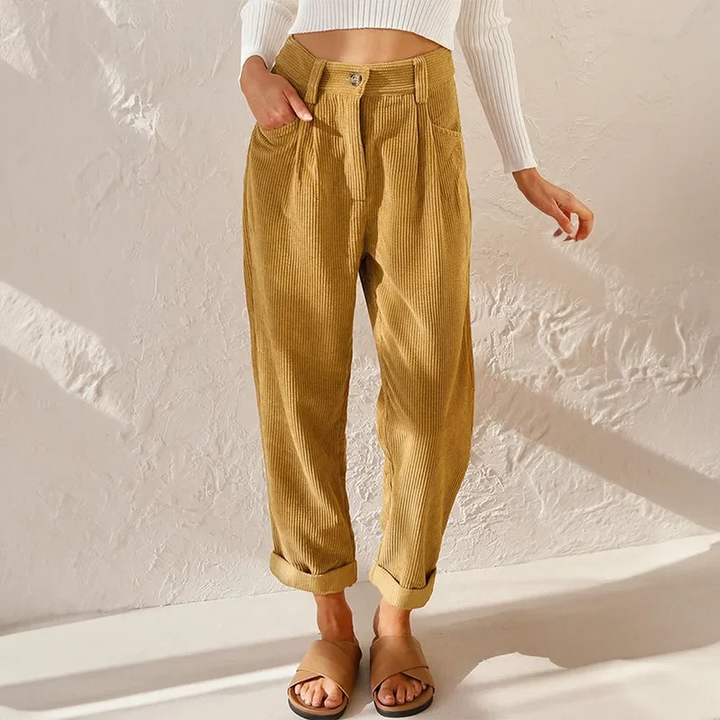 Corduroy broek met hoge taille en plooien, tapered