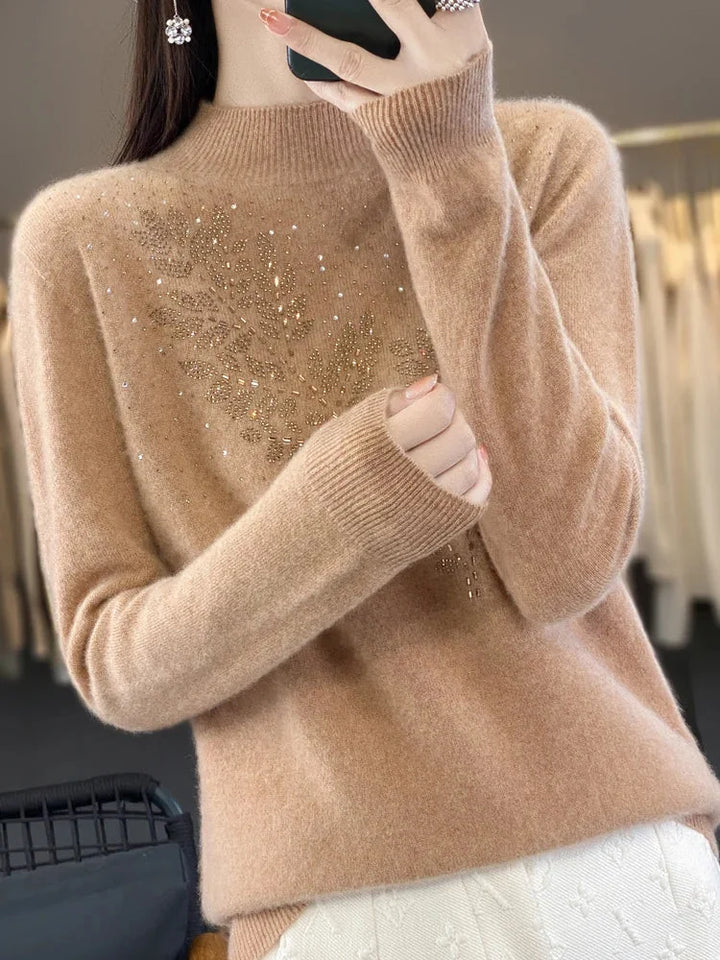 Trui met col, bladpatroon en strass