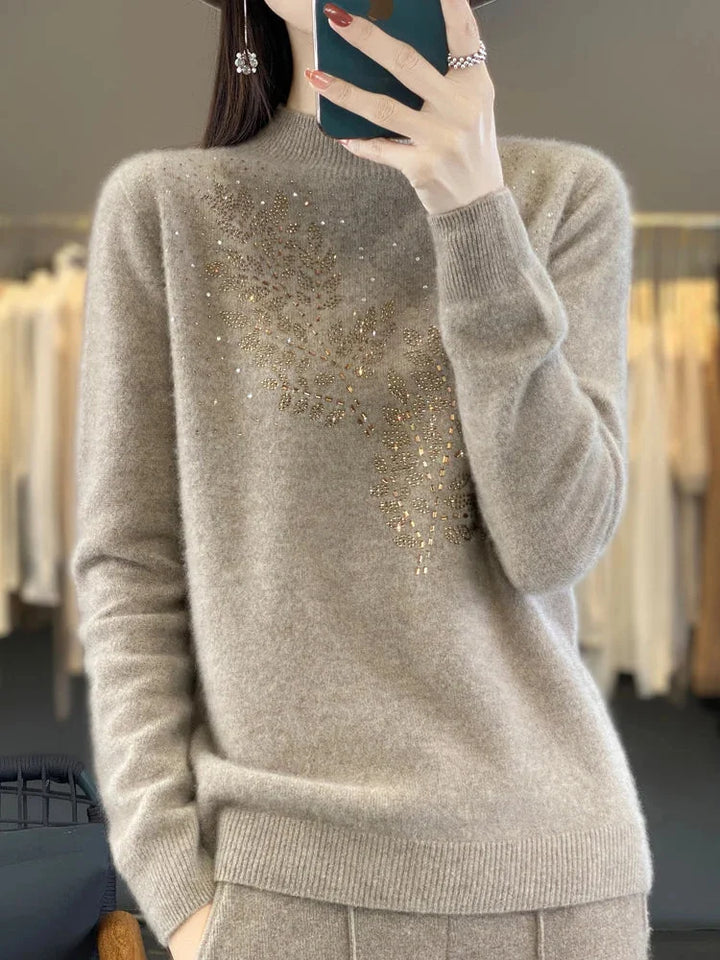 Trui met col, bladpatroon en strass