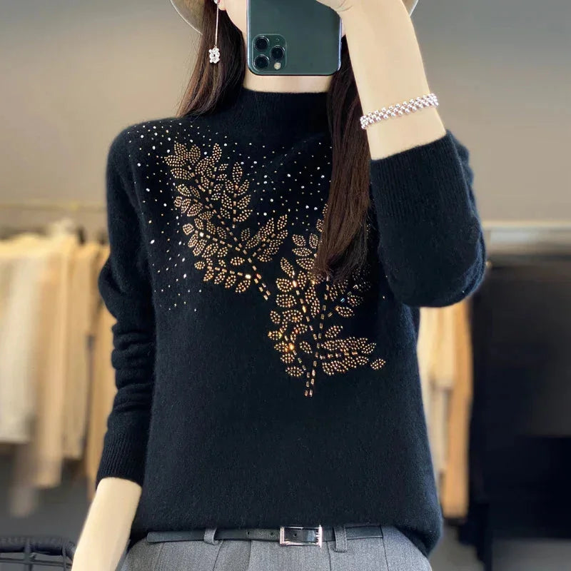 Trui met col, bladpatroon en strass