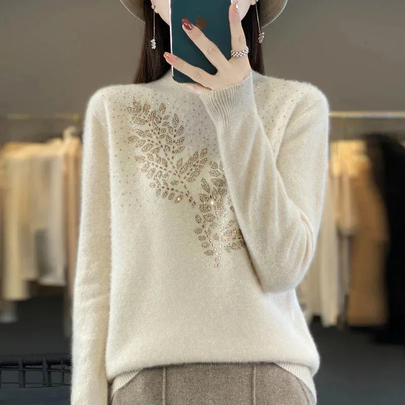 Trui met col, bladpatroon en strass