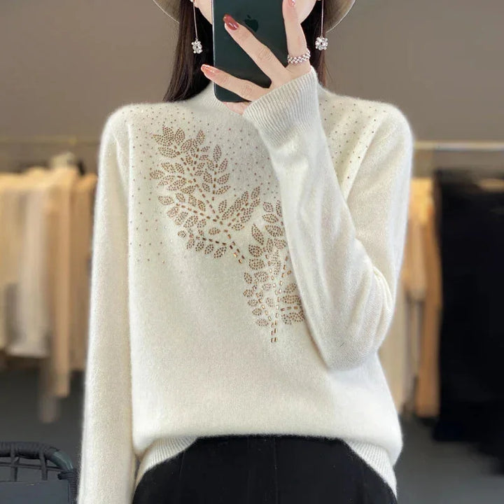 Trui met col, bladpatroon en strass