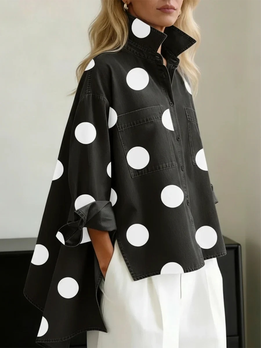 Oversized blouse met stippenprint en high-low zoom