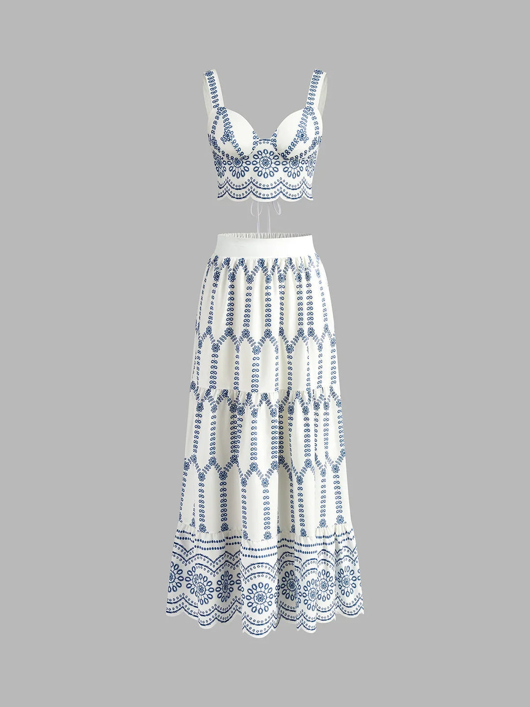 Geborduurde crop top en maxi-rok co-ord set