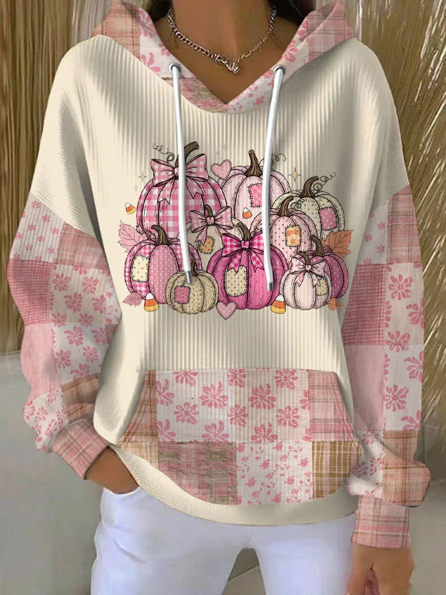 Herfst hoodie met pompoen-patchwork en V-hals