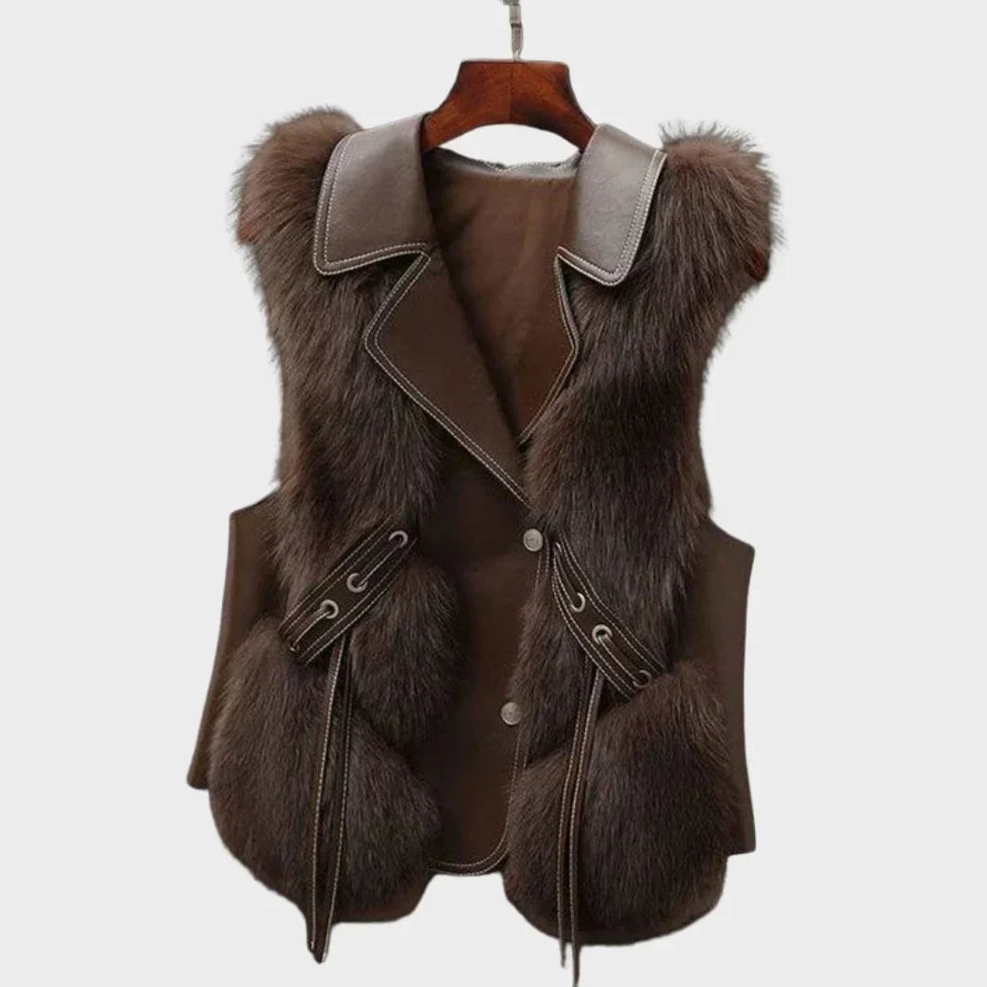 Gilet van imitatiebont en imitatieleer met revers