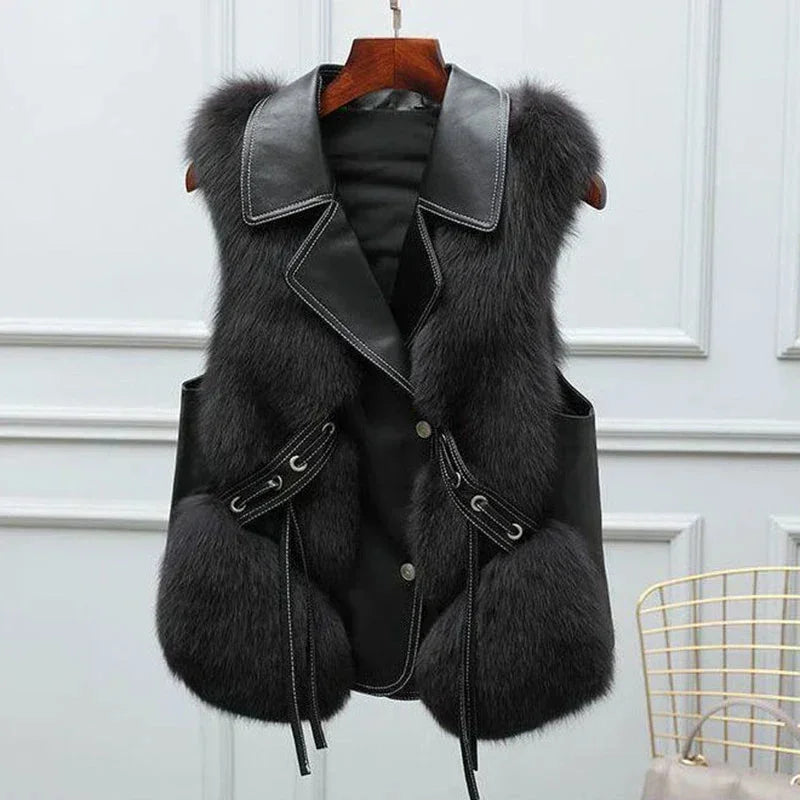 Gilet van imitatiebont en imitatieleer met revers