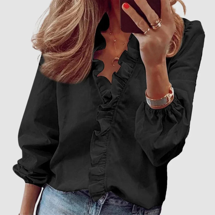 Bloemenblouse met lange mouwen en V-hals met ruches
