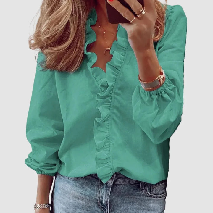 Bloemenblouse met lange mouwen en V-hals met ruches