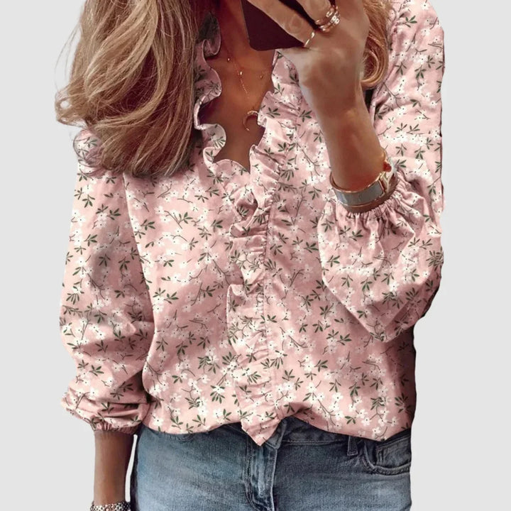 Bloemenblouse met lange mouwen en V-hals met ruches