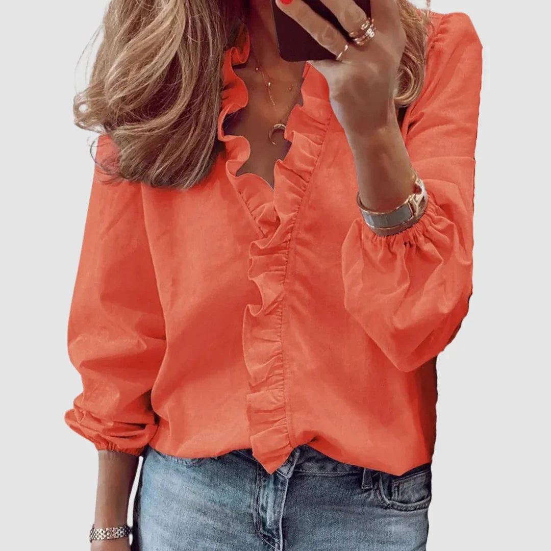 Bloemenblouse met lange mouwen en V-hals met ruches