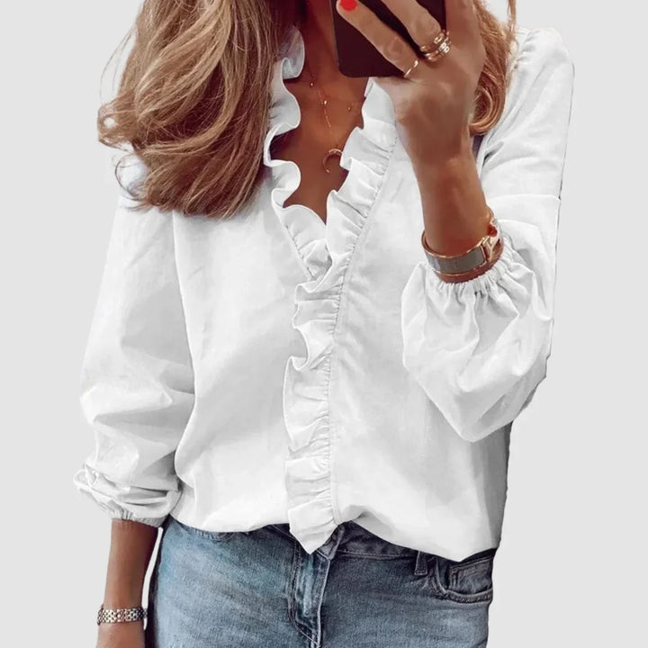 Bloemenblouse met lange mouwen en V-hals met ruches