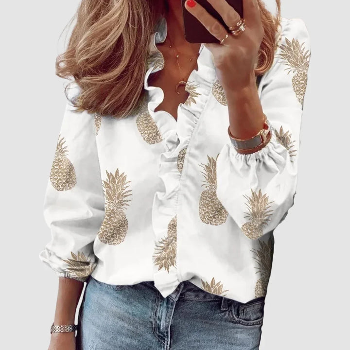 Bloemenblouse met lange mouwen en V-hals met ruches