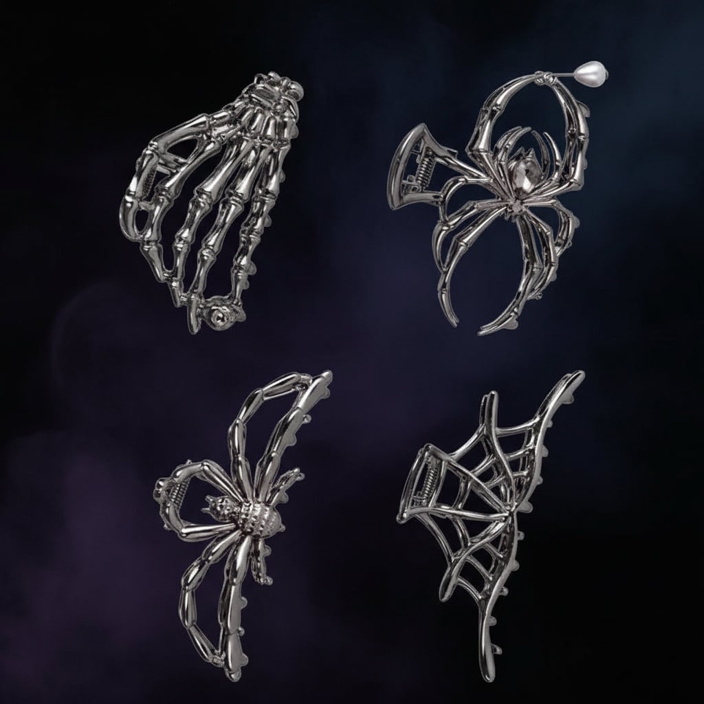 Dames Halloween haarklemmen met skeletvinger vleermuisvleugel en spinnenweb metalen decoratief ontwerp