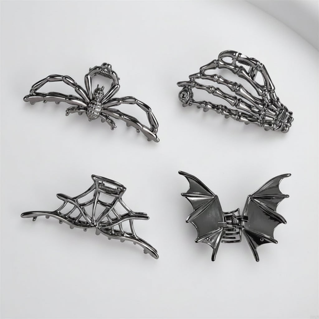 Dames Halloween haarklemmen met skeletvinger vleermuisvleugel en spinnenweb metalen decoratief ontwerp