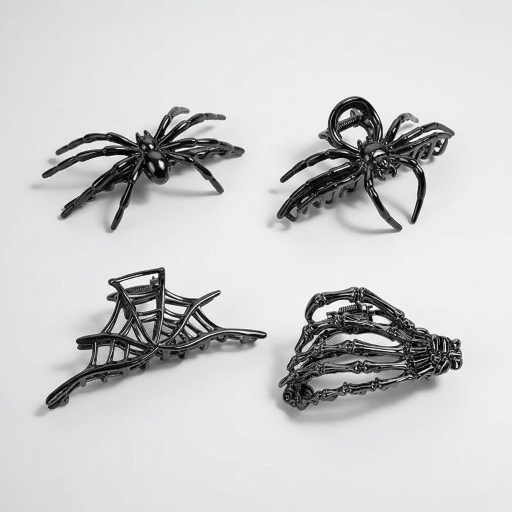 Dames Halloween haarklemmen met skeletvinger vleermuisvleugel en spinnenweb metalen decoratief ontwerp