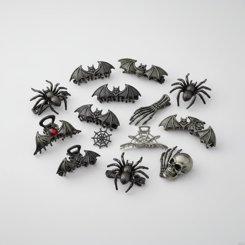 Dames Halloween haarklemmen met skeletvinger vleermuisvleugel en spinnenweb metalen decoratief ontwerp
