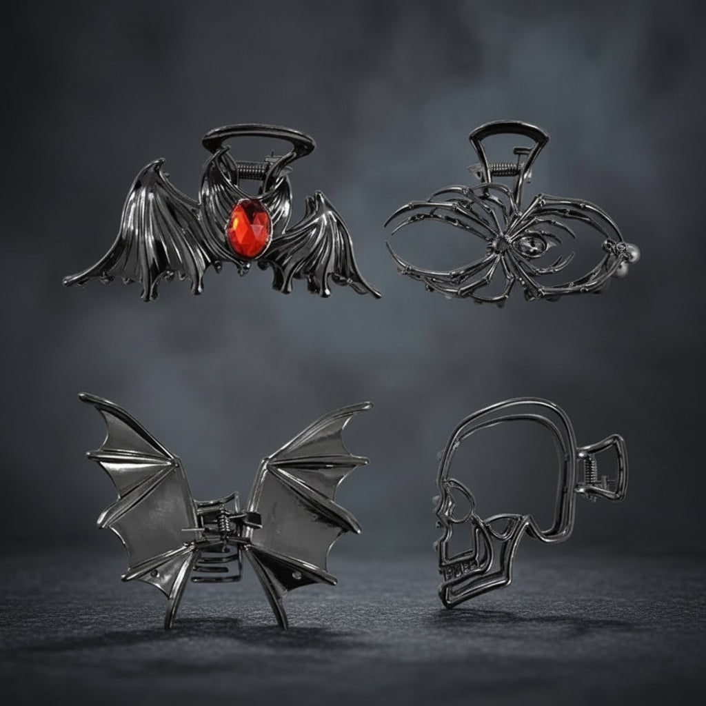 Dames Halloween haarklemmen met skeletvinger vleermuisvleugel en spinnenweb metalen decoratief ontwerp
