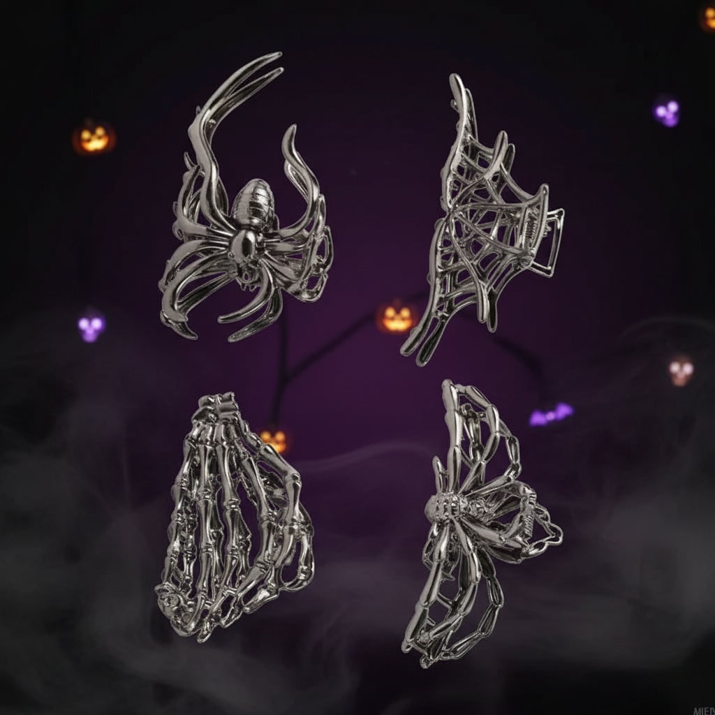Dames Halloween haarklemmen met skeletvinger vleermuisvleugel en spinnenweb metalen decoratief ontwerp