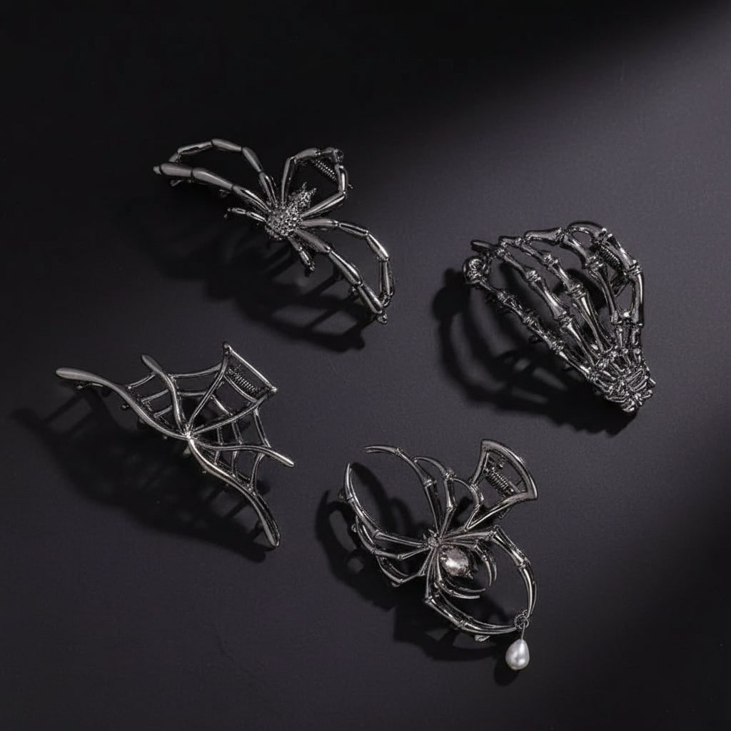 Dames Halloween haarklemmen met skeletvinger vleermuisvleugel en spinnenweb metalen decoratief ontwerp
