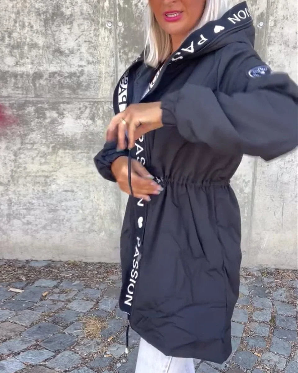 Midi-parka met capuchon en trekkoorden