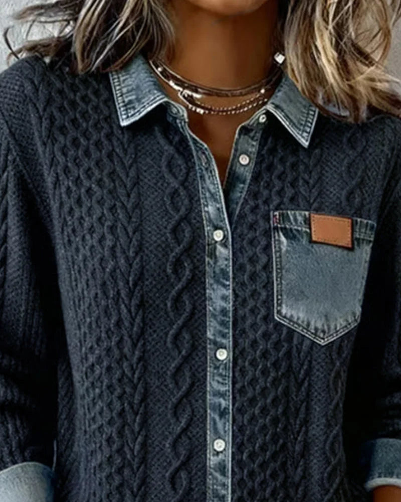 Dameskabeltrui-top met lange mouwen en denim afwerking