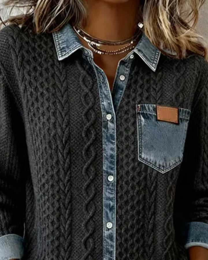 Dameskabeltrui-top met lange mouwen en denim afwerking