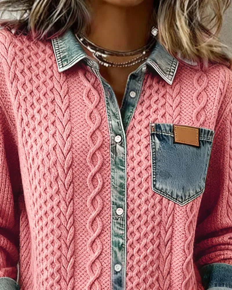 Dameskabeltrui-top met lange mouwen en denim afwerking
