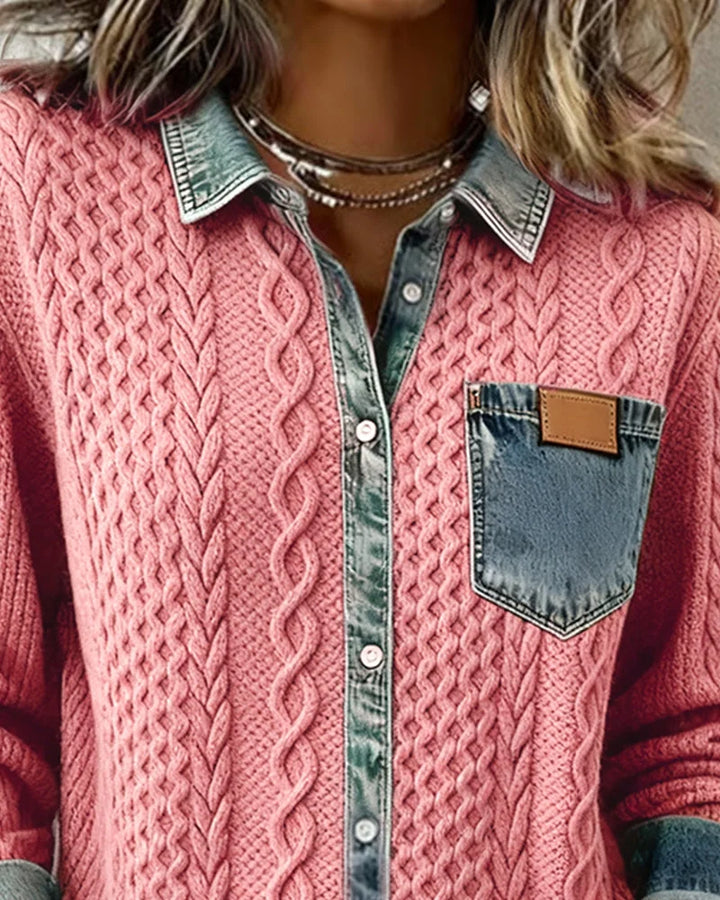 Dameskabeltrui-top met lange mouwen en denim afwerking