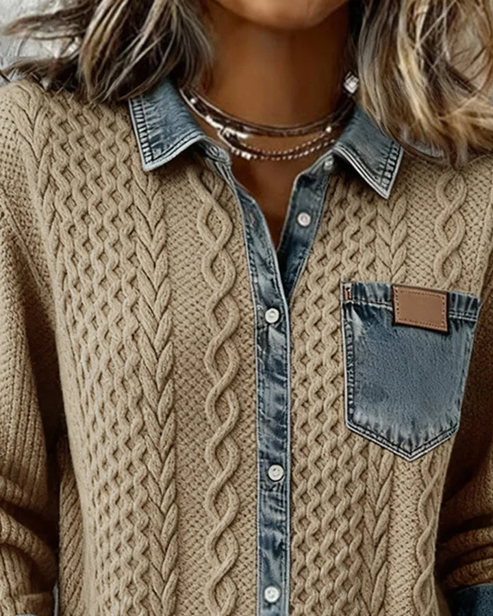 Dameskabeltrui-top met lange mouwen en denim afwerking