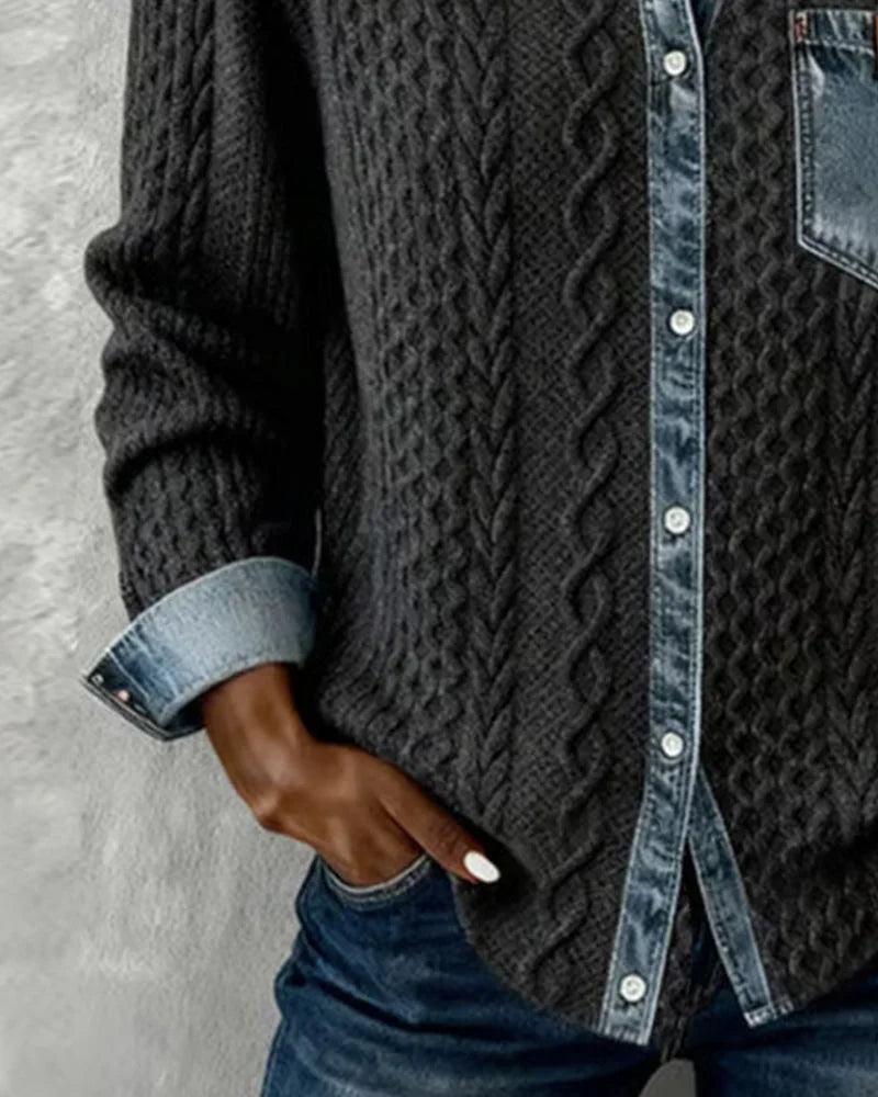 Dameskabeltrui-top met lange mouwen en denim afwerking