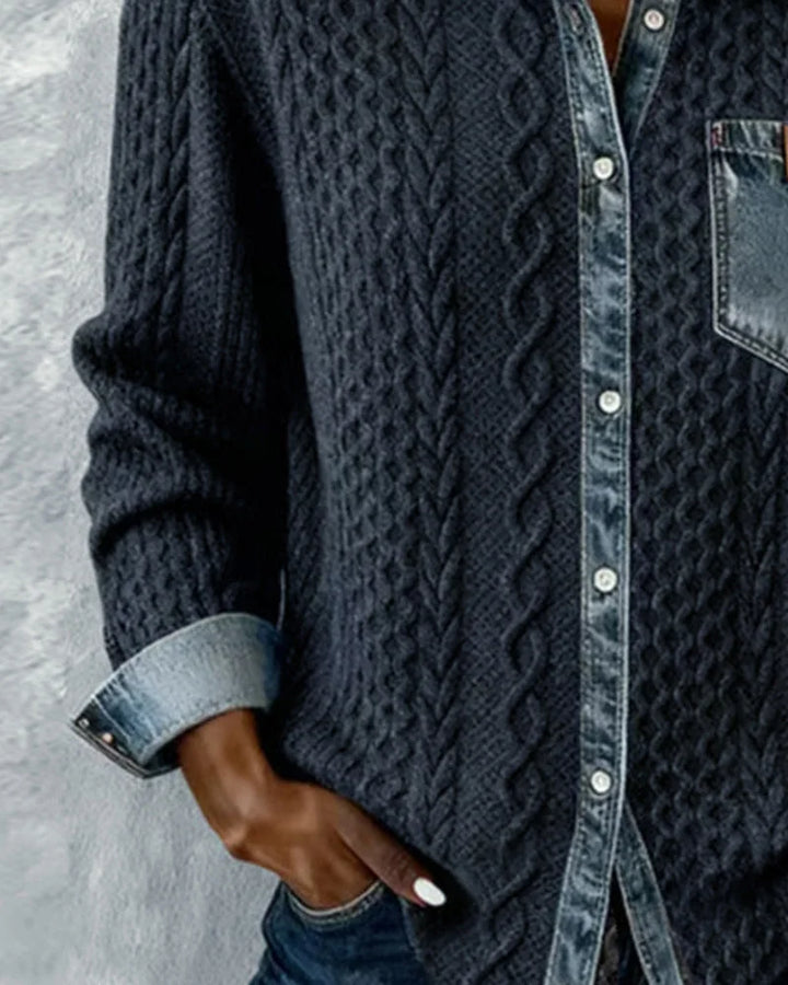 Dameskabeltrui-top met lange mouwen en denim afwerking