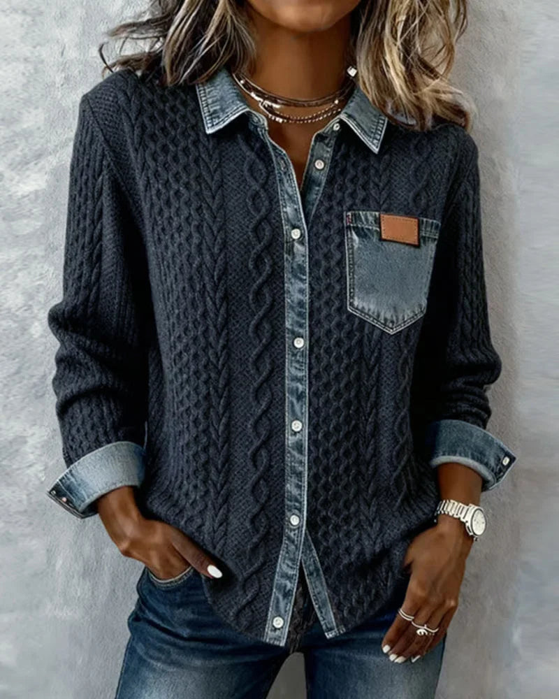 Dameskabeltrui-top met lange mouwen en denim afwerking