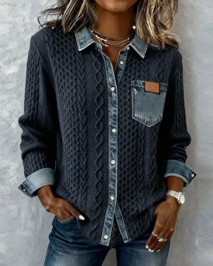 Dameskabeltrui-top met lange mouwen en denim afwerking
