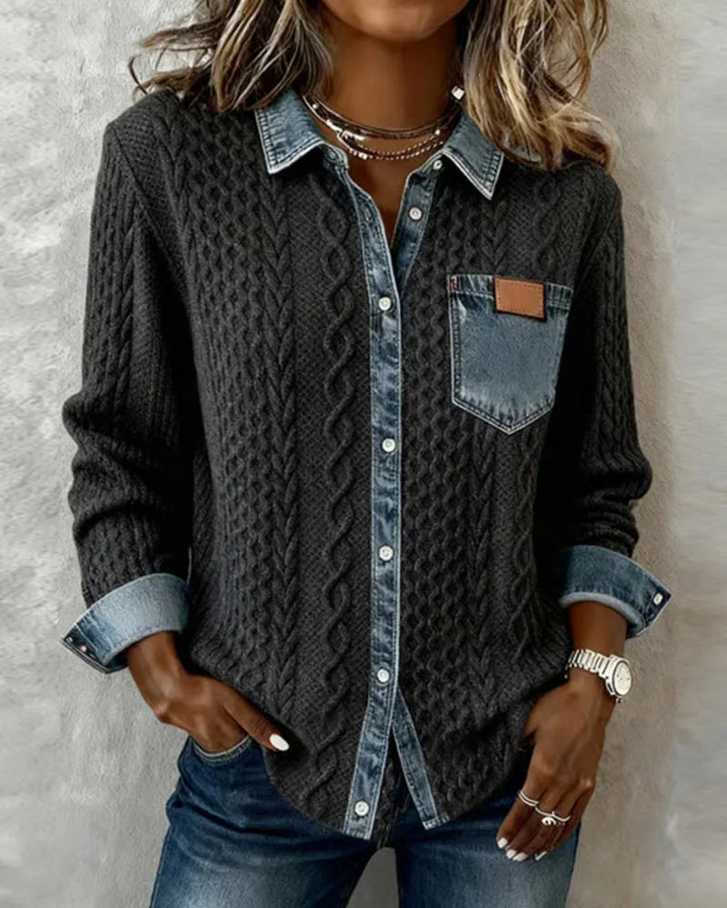 Dameskabeltrui-top met lange mouwen en denim afwerking
