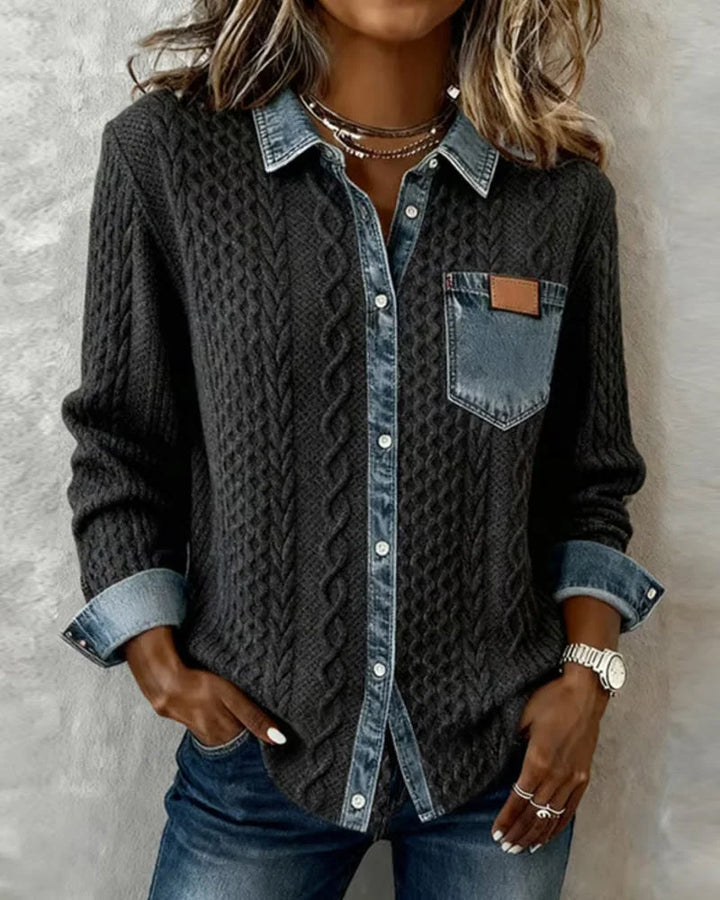 Dameskabeltrui-top met lange mouwen en denim afwerking