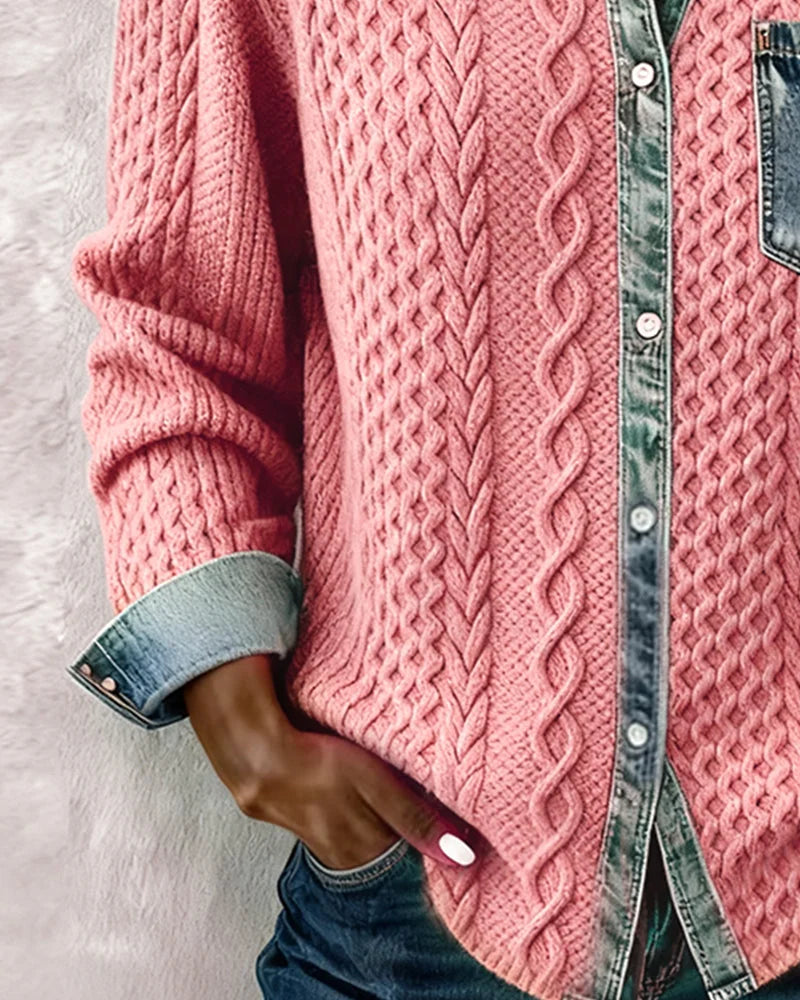 Dameskabeltrui-top met lange mouwen en denim afwerking