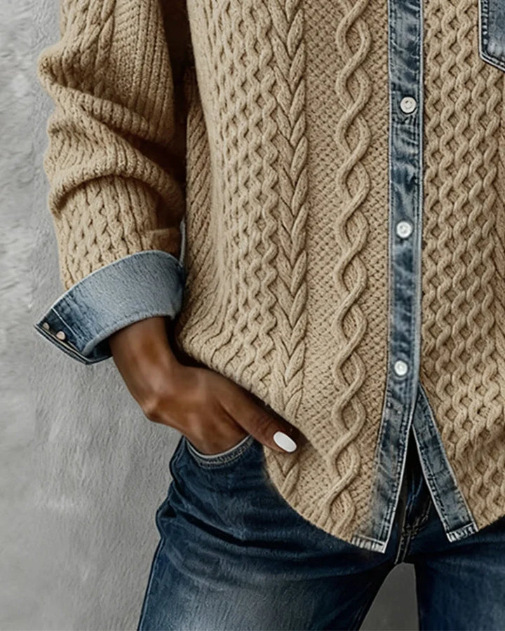 Dameskabeltrui-top met lange mouwen en denim afwerking