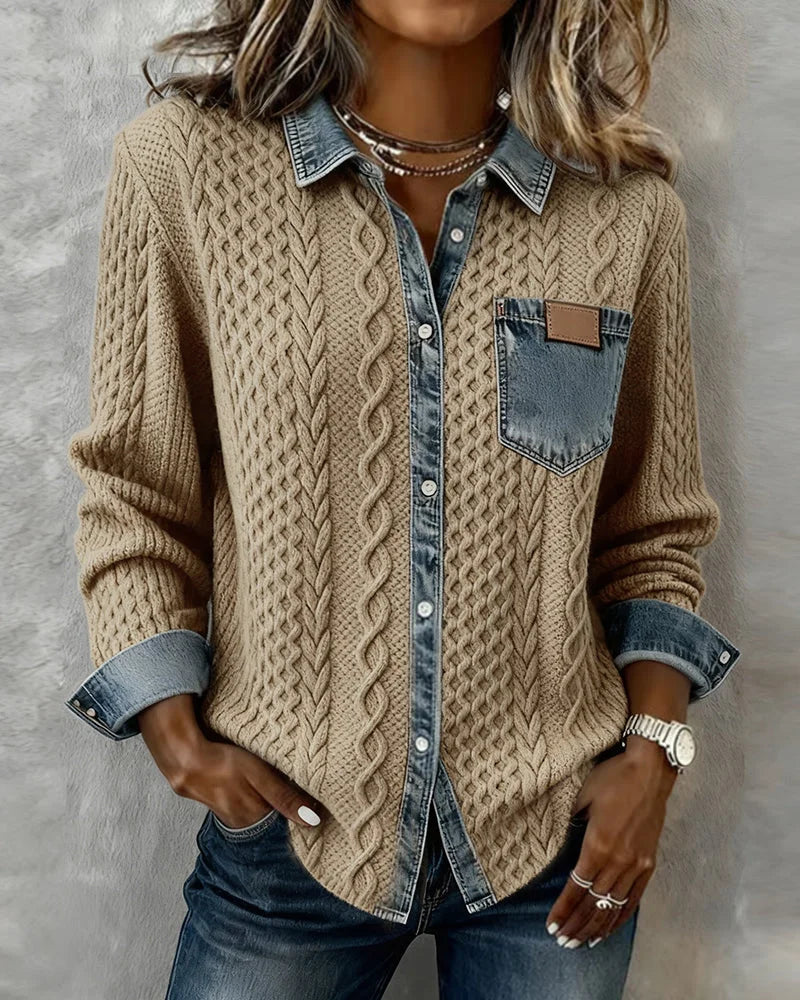 Dameskabeltrui-top met lange mouwen en denim afwerking