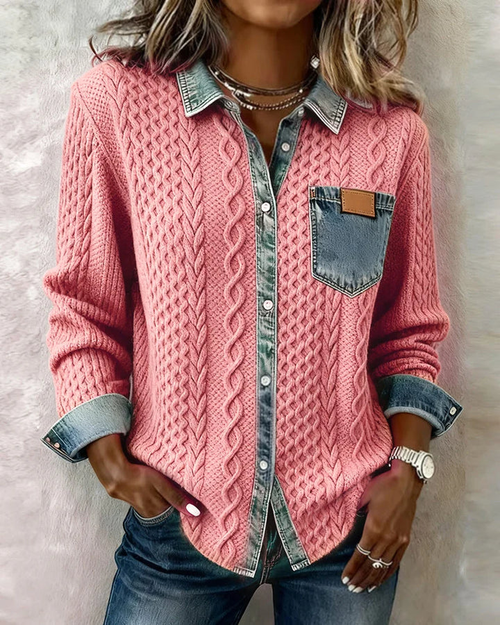 Dameskabeltrui-top met lange mouwen en denim afwerking