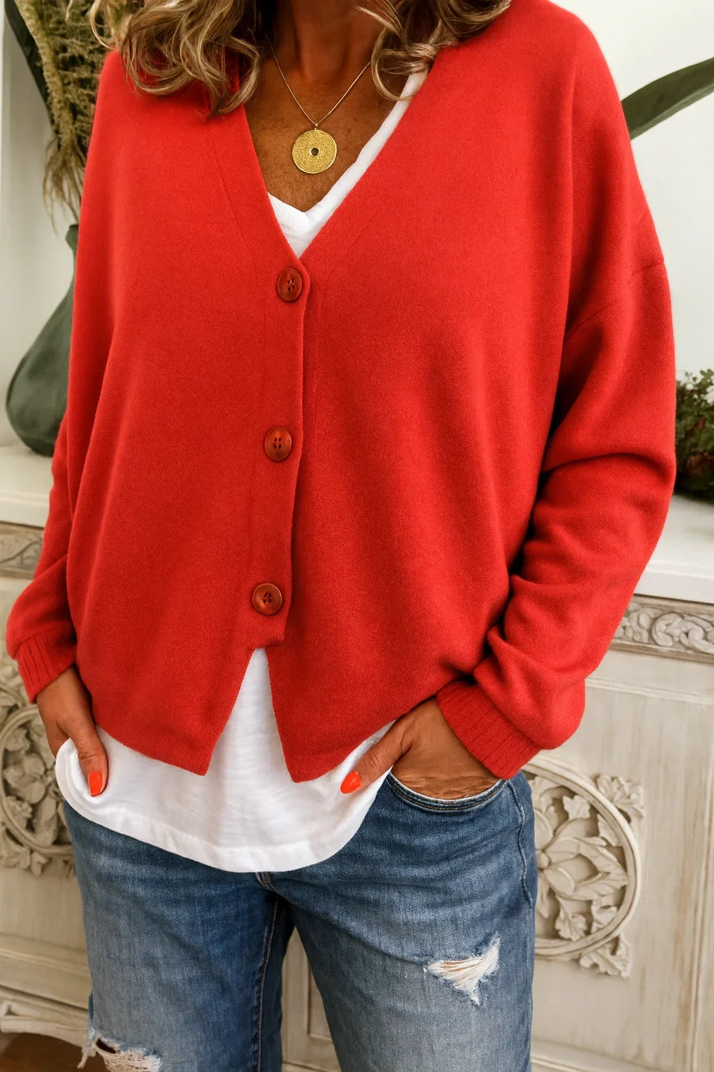Oversized gebreid vest met V-hals en knoopsluiting