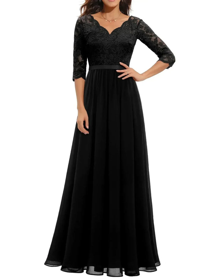 Kanten chiffon maxi-jurk met V-hals