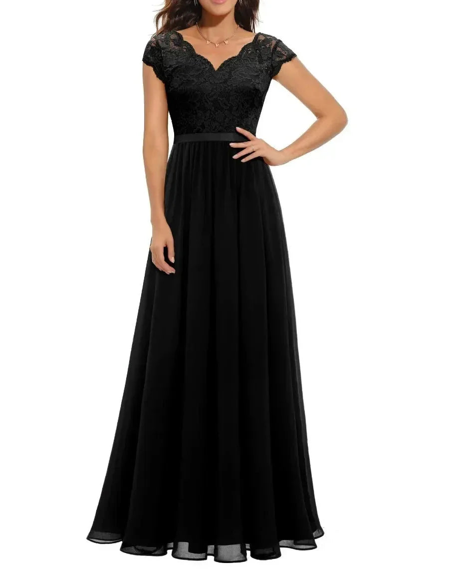 Kanten chiffon maxi-jurk met V-hals