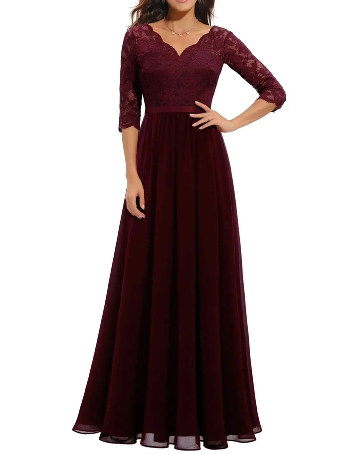 Kanten chiffon maxi-jurk met V-hals