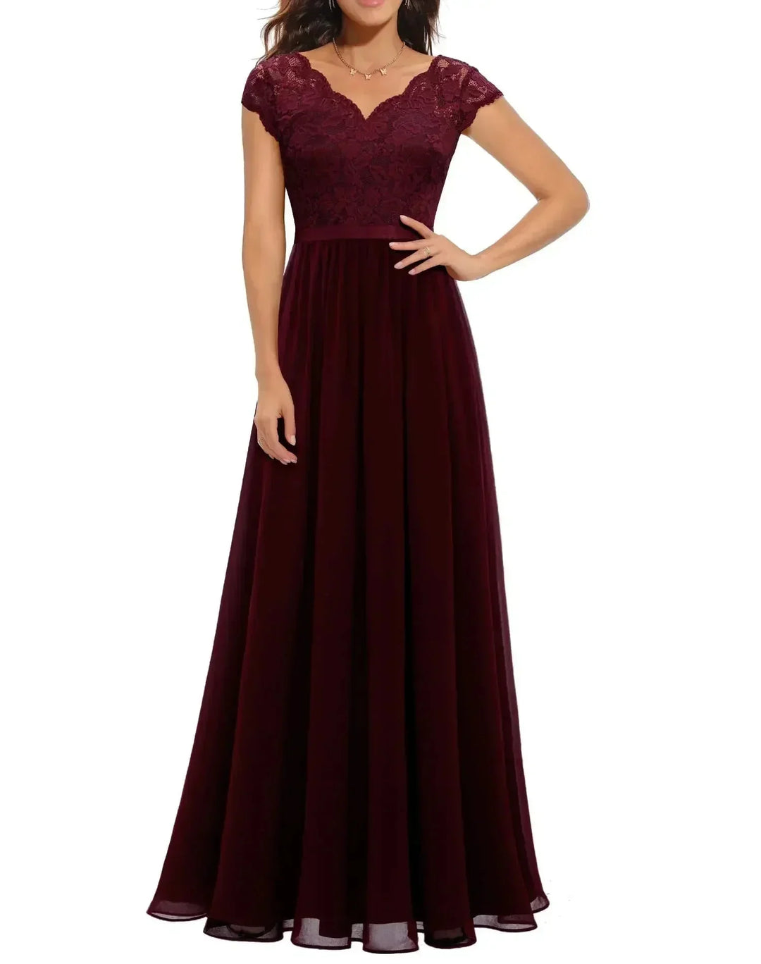 Kanten chiffon maxi-jurk met V-hals
