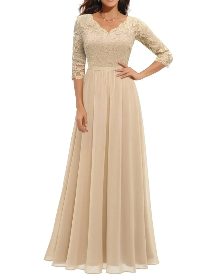 Kanten chiffon maxi-jurk met V-hals