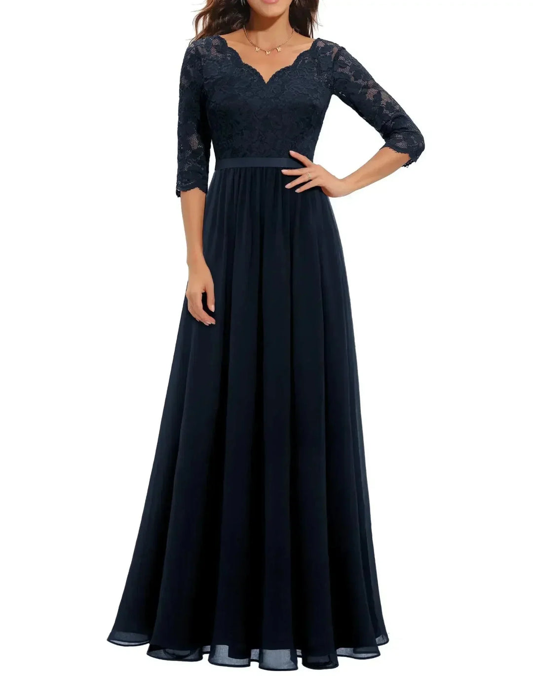 Kanten chiffon maxi-jurk met V-hals