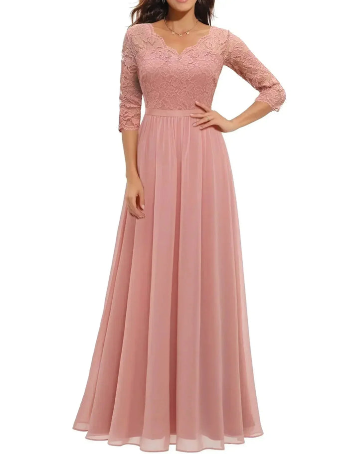 Kanten chiffon maxi-jurk met V-hals