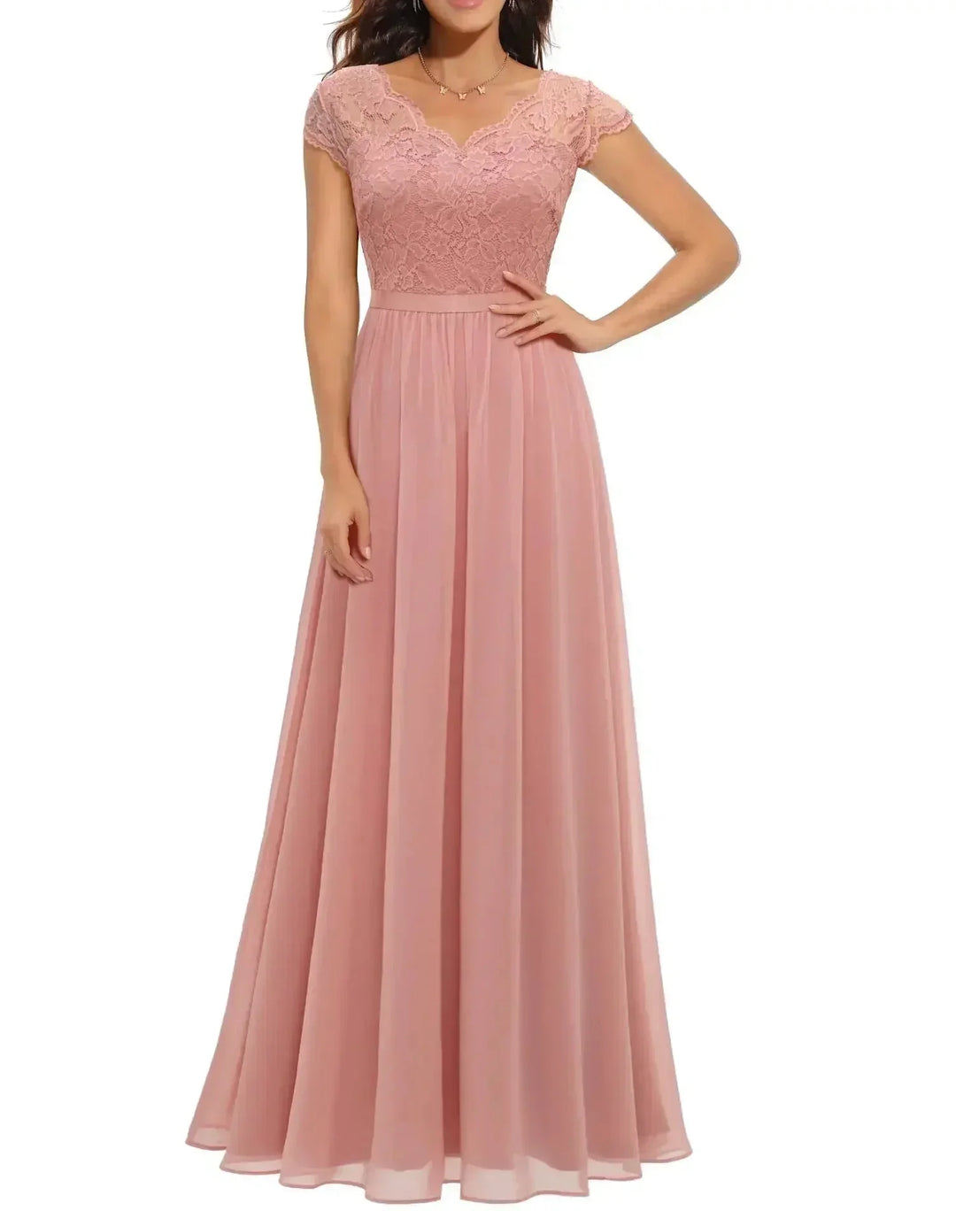 Kanten chiffon maxi-jurk met V-hals
