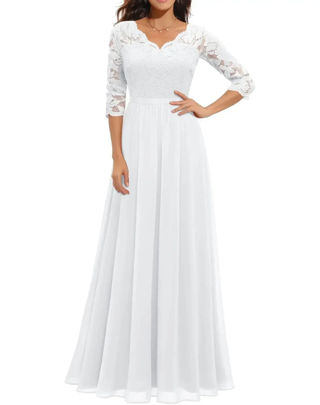 Kanten chiffon maxi-jurk met V-hals
